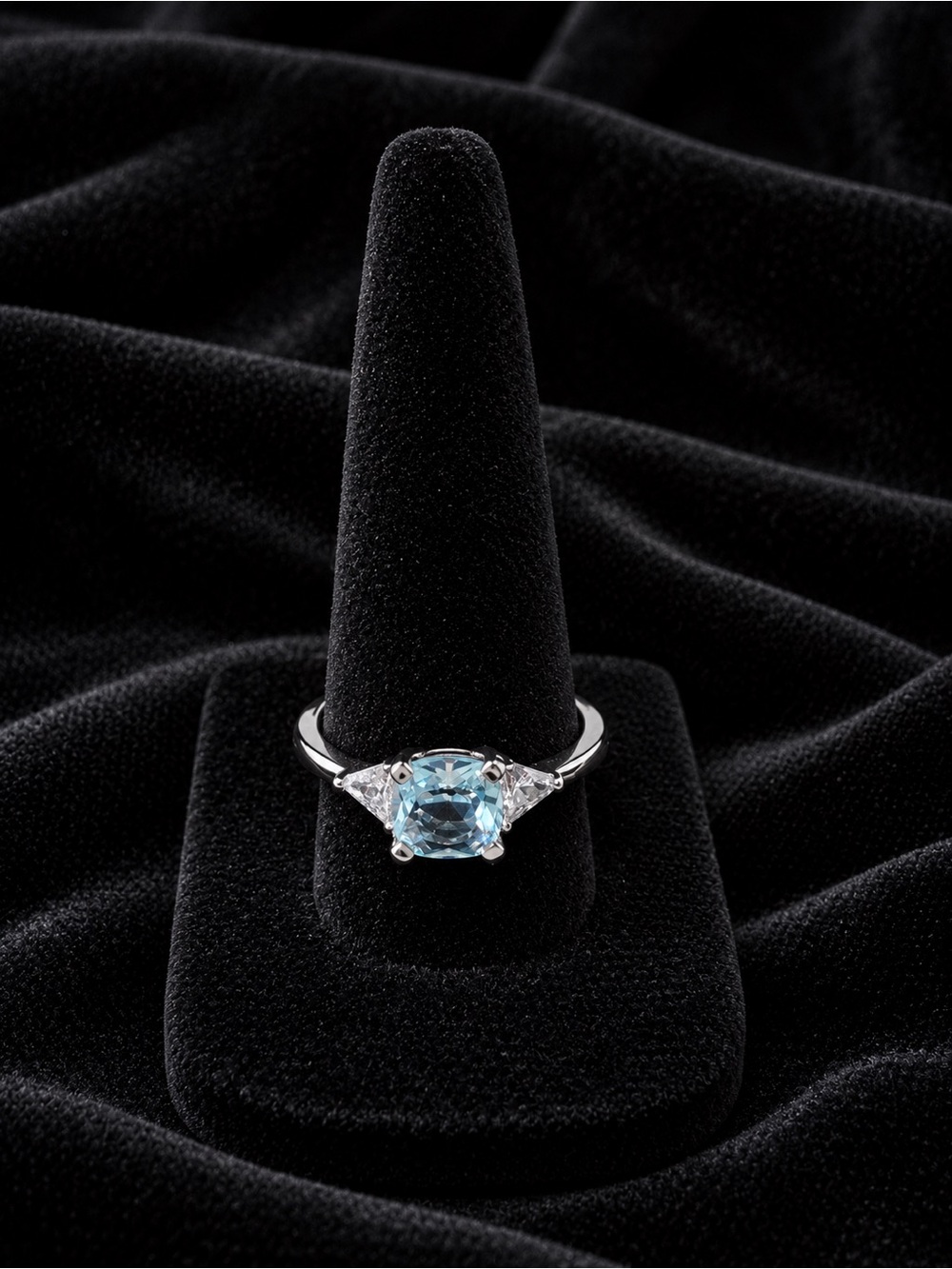 Silver Aquamarine Blue Three-Stone Ring Size 10